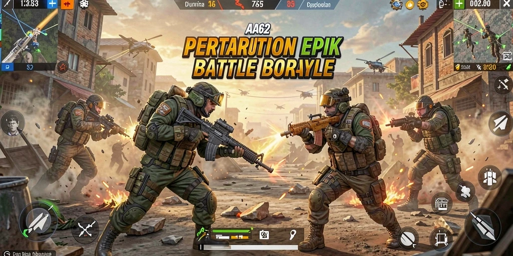 Screenshot gameplay AA62 menampilkan aksi seru dalam pertempuran Battle Royale.