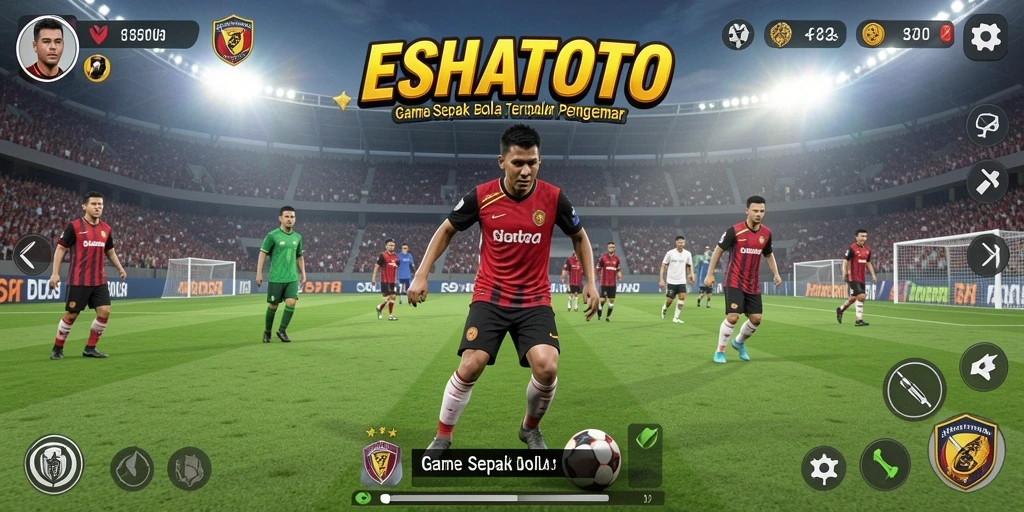 Screenshot gameplay ESHATOTO dengan aksi sepak bola yang mendebarkan.