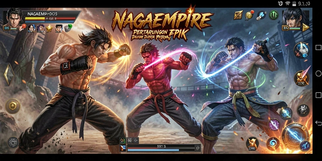 Tampilan gameplay NAGAEMPIRE dengan karakter yang bertarung secara intens.