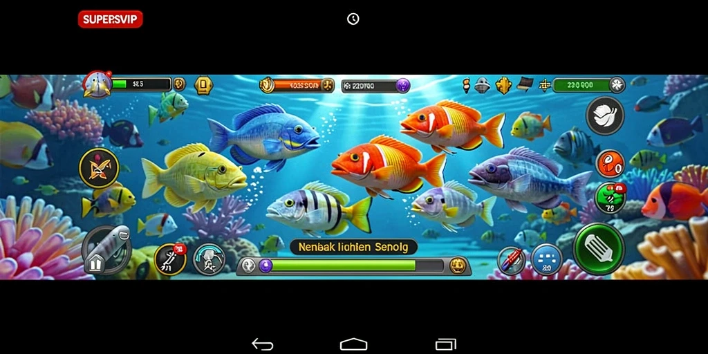Tampilan menarik dari gameplay Tembak Ikan SUPERSVIP dengan berbagai ikan untuk ditembak.