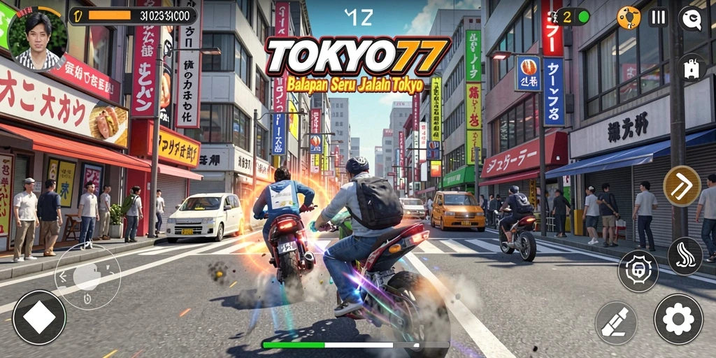 Tangkapan layar menunjukkan balapan yang mendebarkan di TOKYO77.